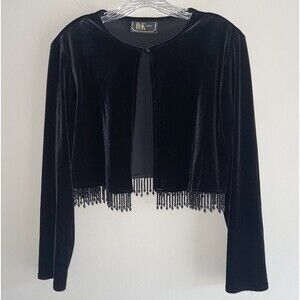 RK Evening Black Velvet Crop Cardigan XL Shrug Beaded Tassels One Button